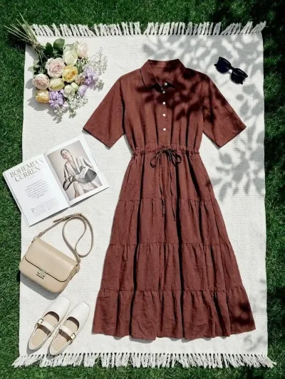 Tiered Shirt Dress with Cinched Drawstring Waist